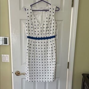 Carmen Marc Valvo Asymmetrical White Dress with Navy Dots